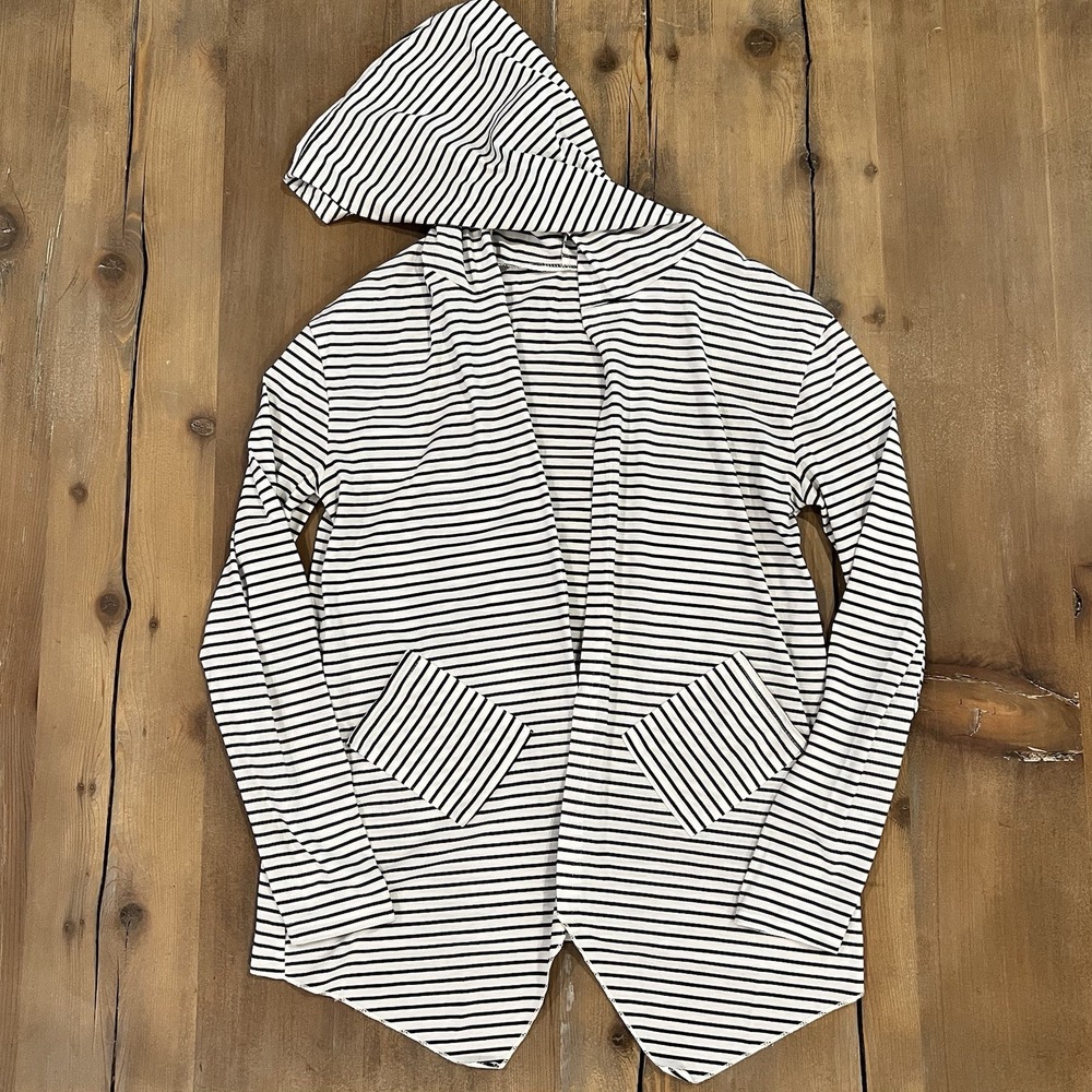Women's Black White Striped Hooded Cardigan Drape Front Pockets Small